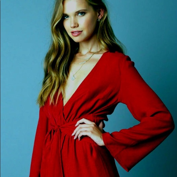 SHEIN What If Red Long Sleeve Wrap Romper (XS)
